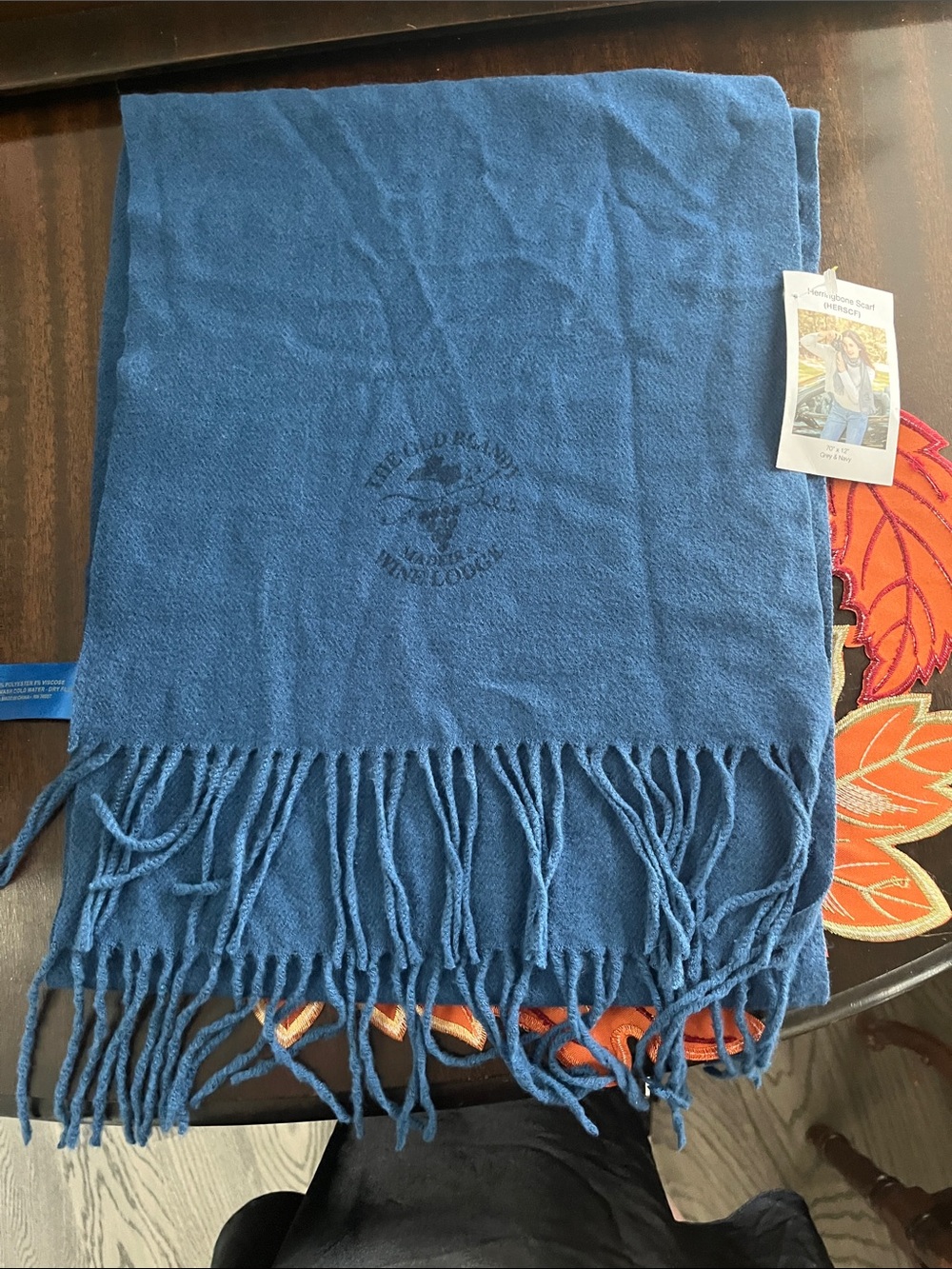 Blue Brushed Fringe Scarf with Embroidered Logo - Unknown Brand